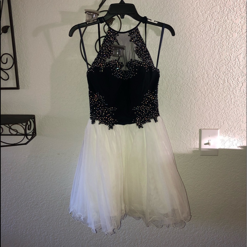 White and Navy Blue Short Prom Dress
